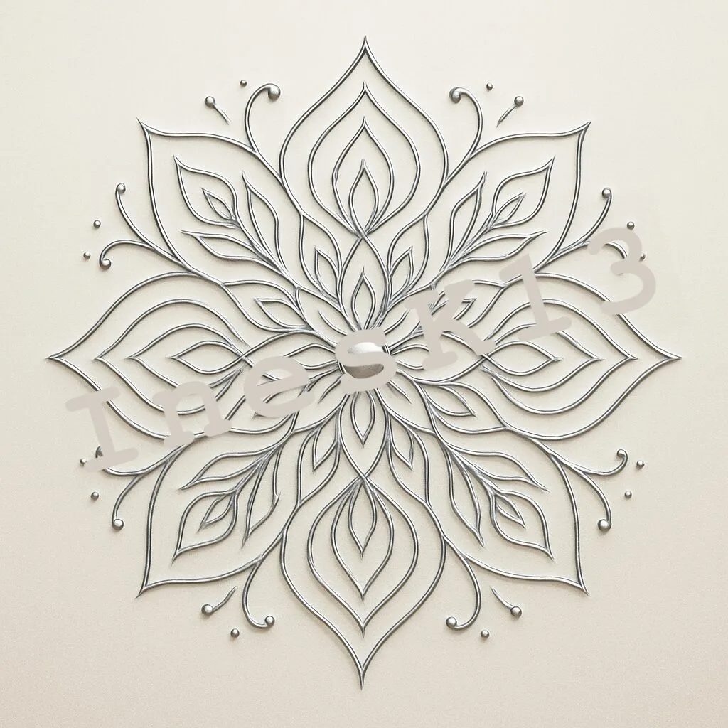 Seelenlichtcode Spiritualität: silbernes Blüten-Mandala mit feinen Linien und silbernen Perlen auf cremefarbenem Hintergrund