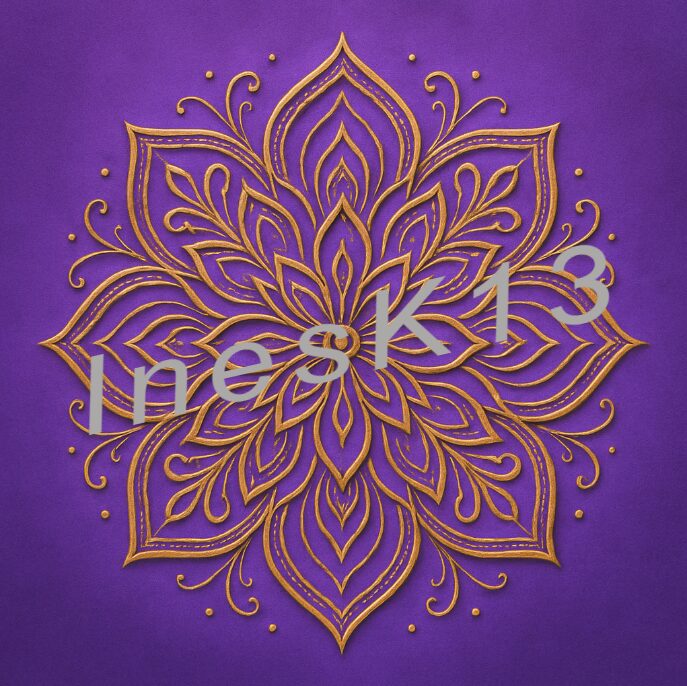 Seelenlichtcode Transformation: aufwändiges goldenes Mandala mit verschachtelten Mustern auf leuchtendem Lilahintergrund