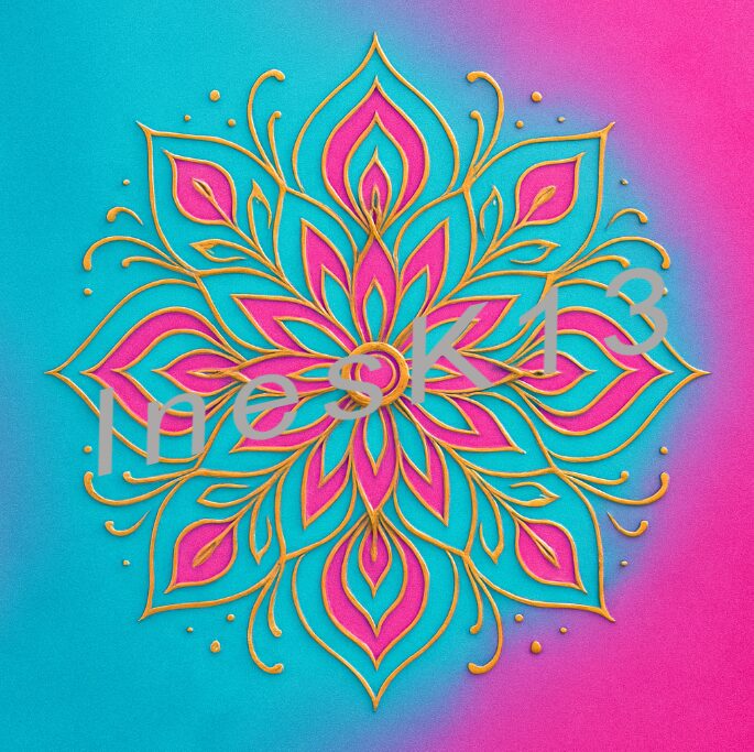 Buntes Mandala in Gold, Türkis und Magenta auf farbigem Gradient, Seelenlichtcode Kreativität