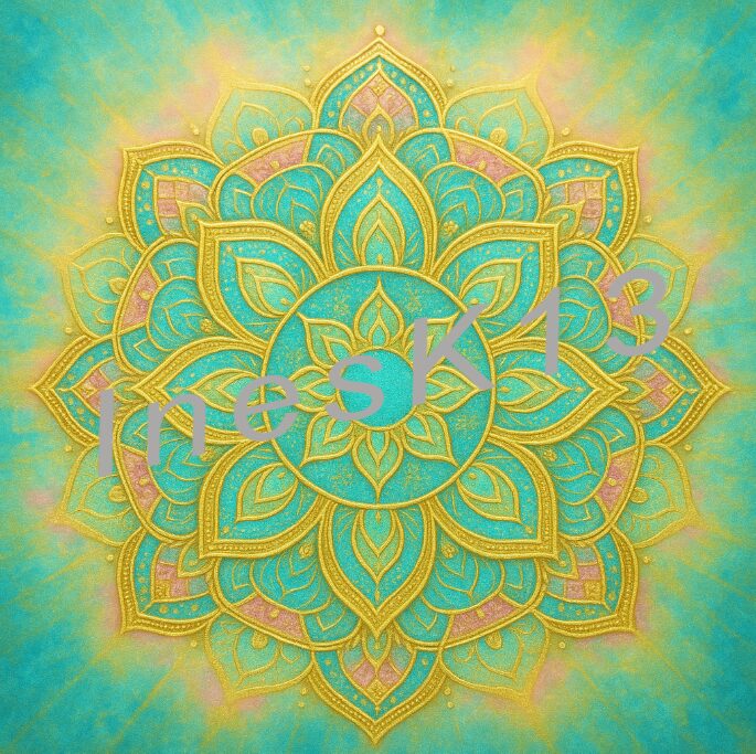 Mandala Gesundheit in Gold und Türkis mit glühendem Hintergrund und Om-Symbol
