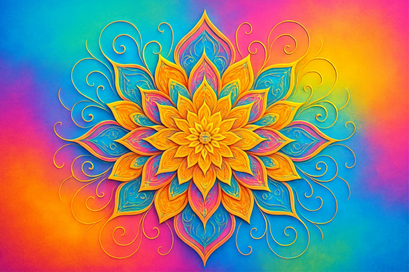 Seelenlichtcodes Mandala mit buntem Regenbogen-Farbverlauf und goldenen Ornamenten
