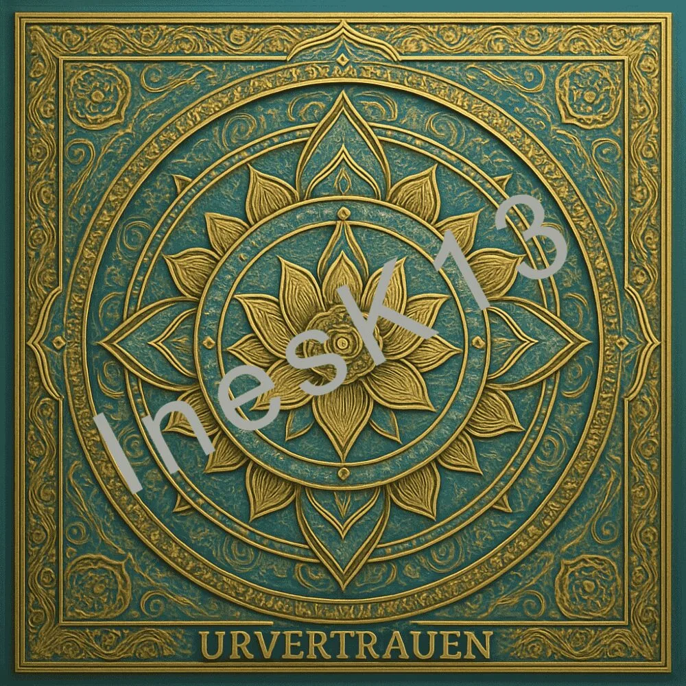 Dunkelgrünes Mandala mit Lotus und Goldverzierung, Titel Urvertrauen