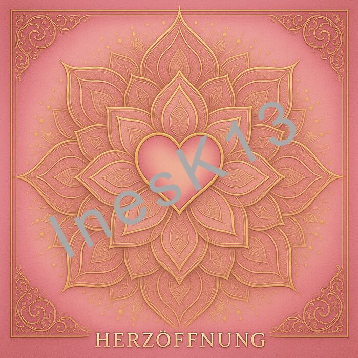 Rosa Mandala mit Herz-Symbol und Ornamentik, Titel Herzöffnung