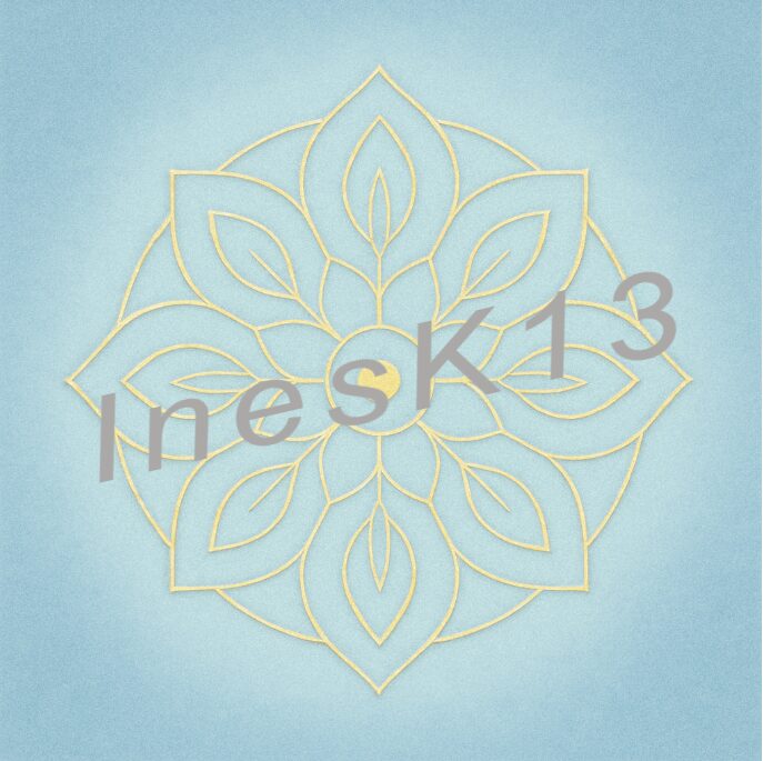 Mandala-Design in Gold auf hellblauem Hintergrund mit Text Herzensfrieden