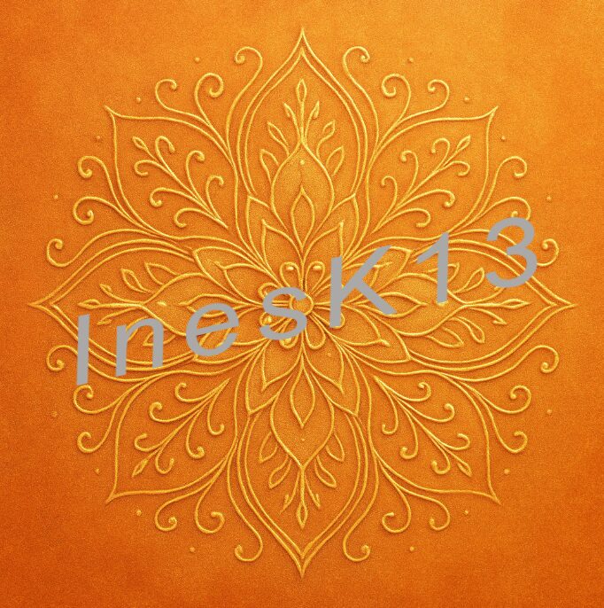 Ornamentales Mandala in Gold auf orangefarbenem Grund mit Blütenmotiv
