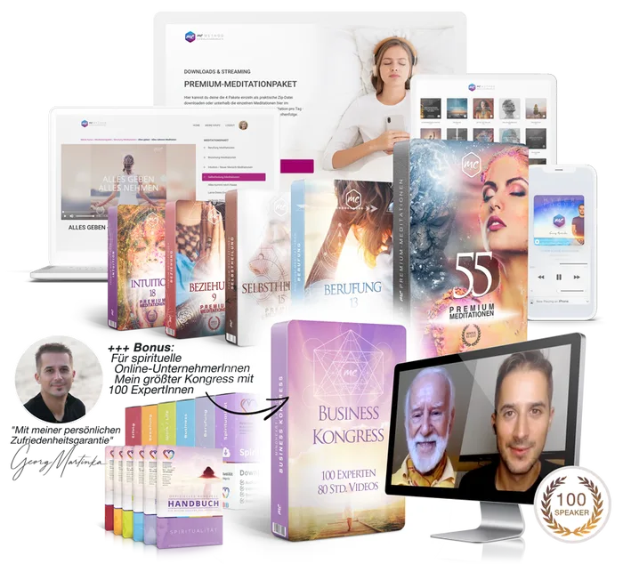 Produktdarstellung Premium-Meditationspaket mit Kursen, Handbüchern und Business-Kongress