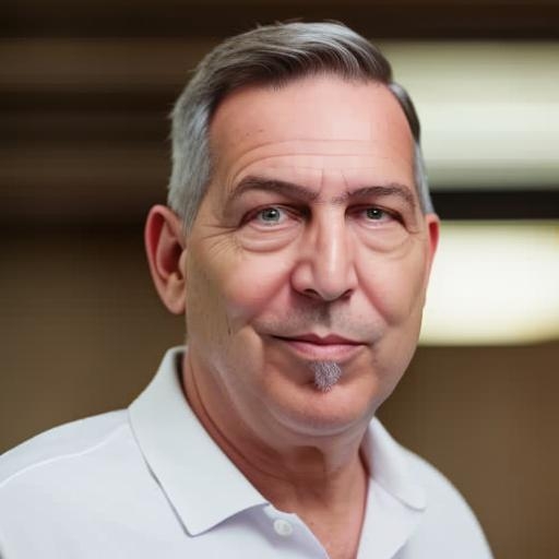 Porträt Hajo Michels, Mann mittleren Alters mit grauem Haar, weißem Hemd, Brille, Studio-Hintergrund