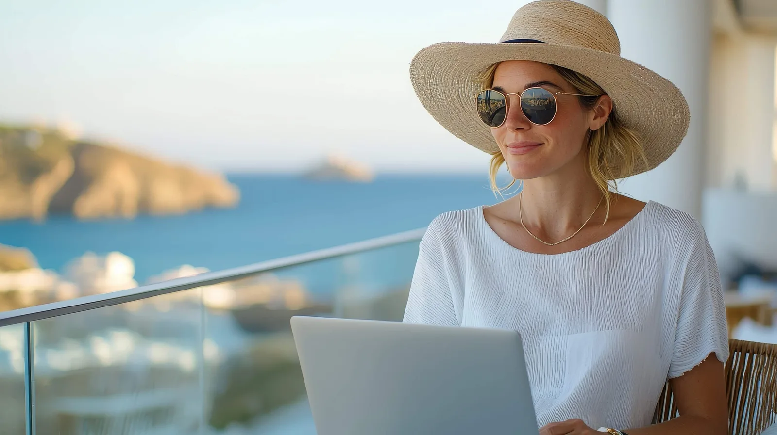 Frau mit Laptop auf Balkon mit Meerblick und Sommerkleidung