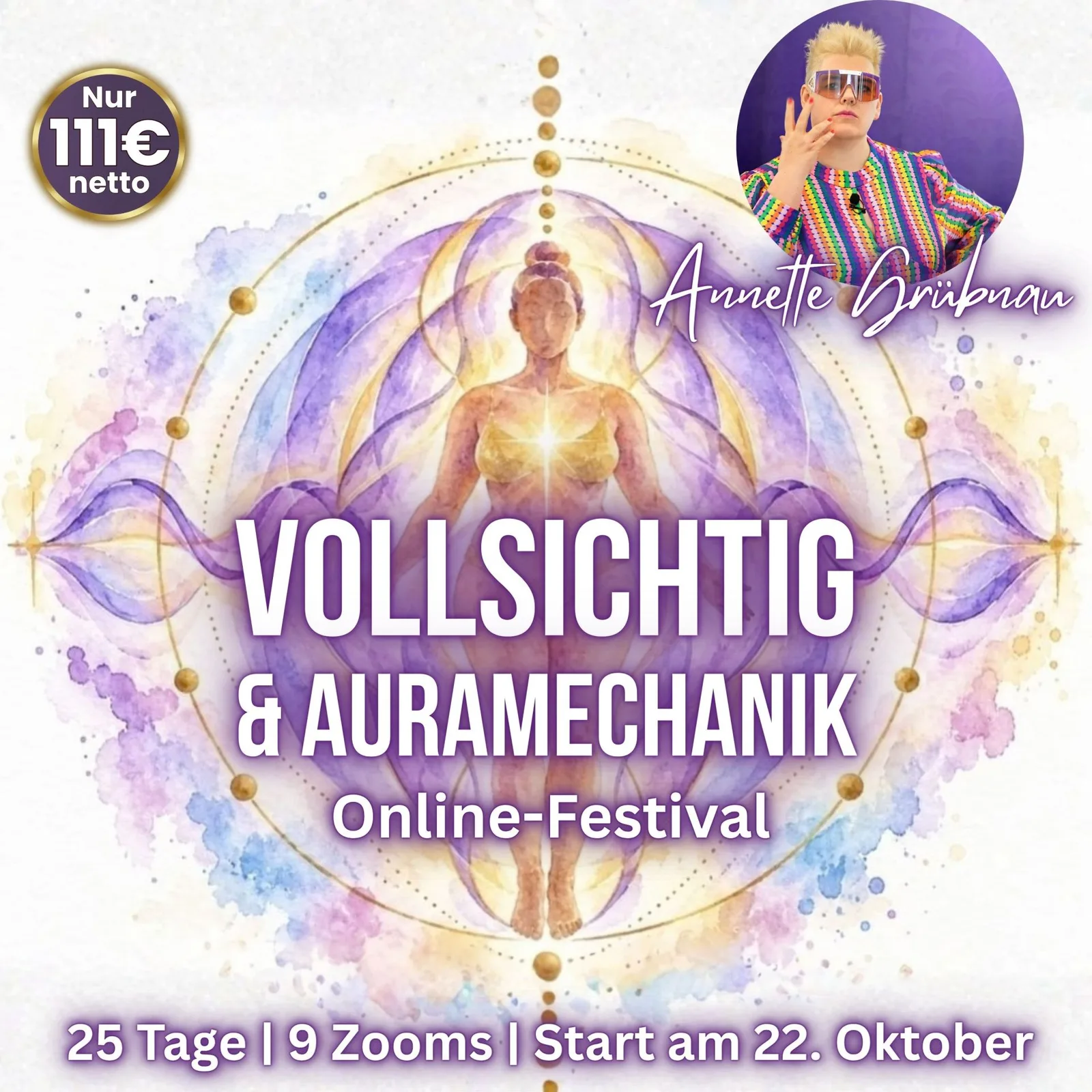 Sehnsucht nach der geistigen Heimat – Bibelkurs mit Annette 4 Annette Brühnau bei Vollsichtig & Auramechanik Online-Festival – Frau mit buntem Hemd und Sonnenbrille vor spirituellem Fraue