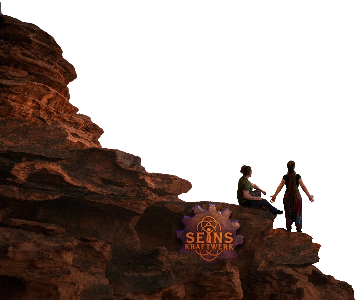 Seinskraftwerk® – Videokurs zur Selbsterkenntnis von Verena Liesegang 10 Zwei Personen stehen auf Felsen neben dem SEINSKRAFTWERK-Logo in Berg-Landschaft