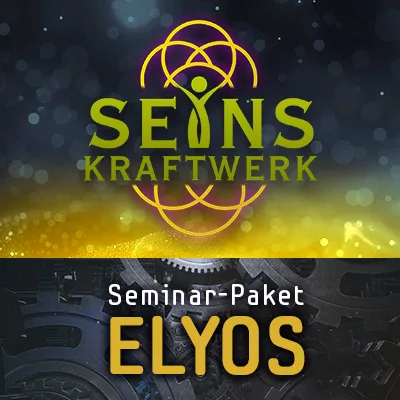 SEINSKRAFTWERK-Logo mit gelbem Glitzer-Effekt und Text 'Seminar-Paket ELYOS'