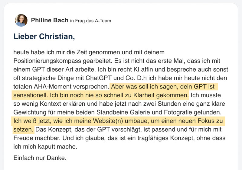 Kundenstimme von Philine Bach über GPT-gestützte Positionierungskompass-Erstellung, mit Profilbild und Textabschnitten