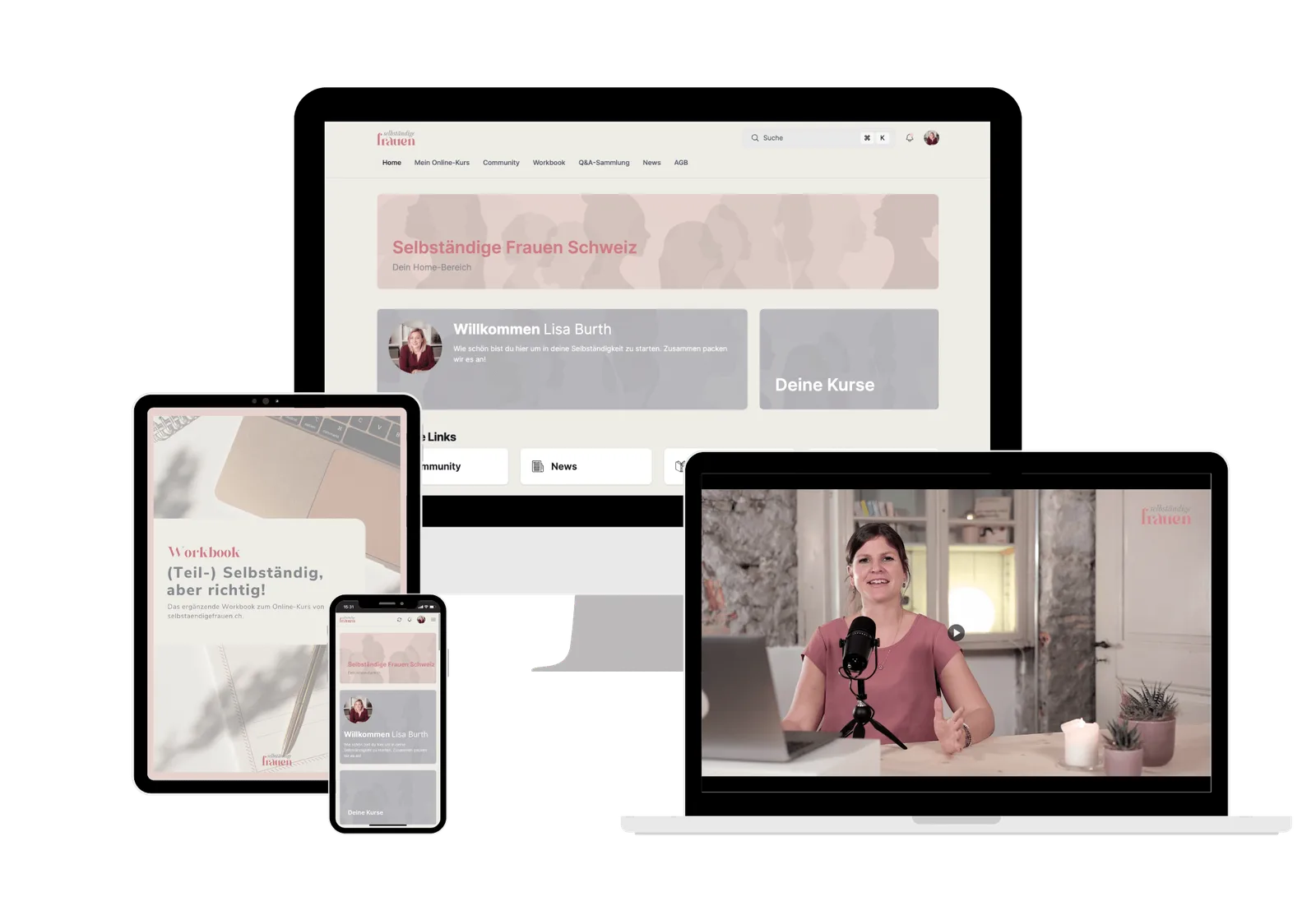 Mockup des Online-Kurses Selbständige Frauen Schweiz auf Desktop, Tablet und Mobilgeräten