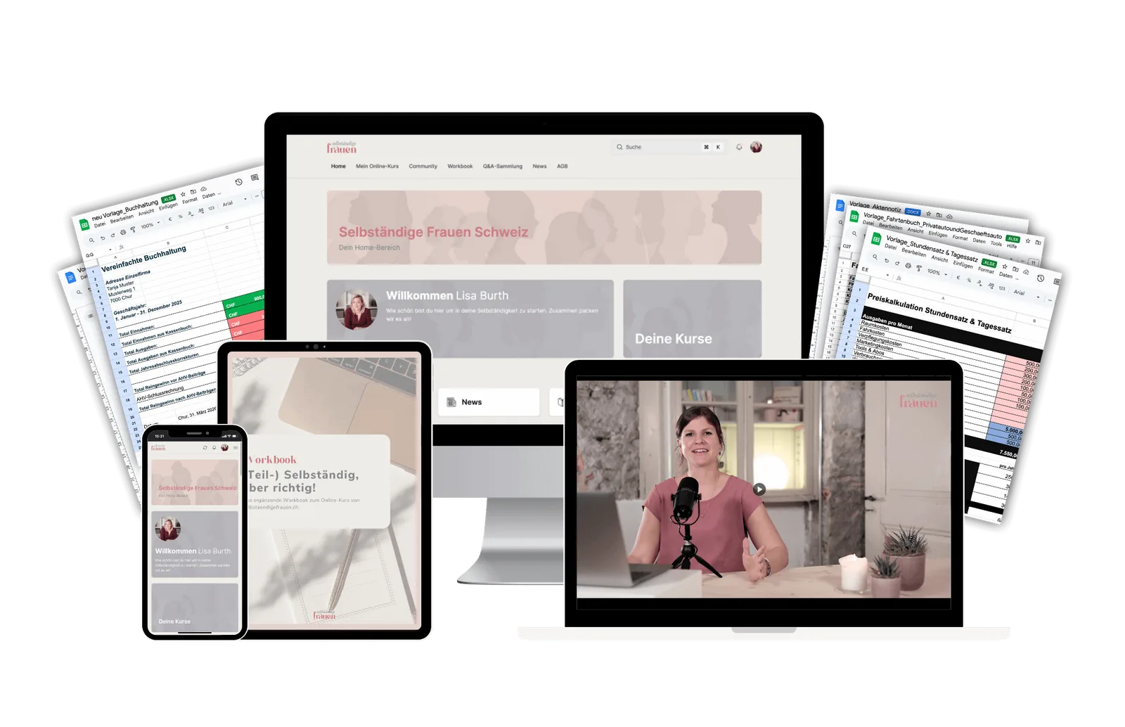 Mockup des Online-Kurses mit Arbeitsblättern und Video-Standbild auf mehreren Bildschirmen