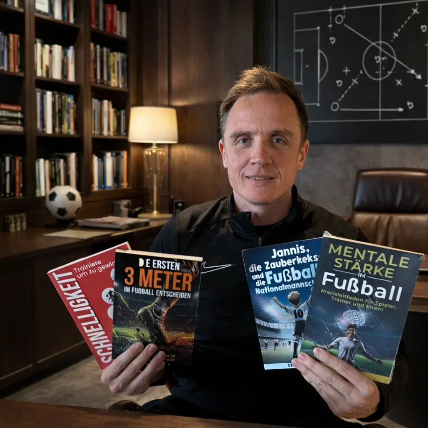 Stefan Kehrer hält vier Fußball-Fachbücher in die Kamera vor Bücherregal und Taktiktafel