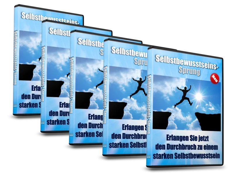 Fünf gestaffelte DVD-Boxen Selbstbewusstsein-Sprung mit Silhouette springender Person