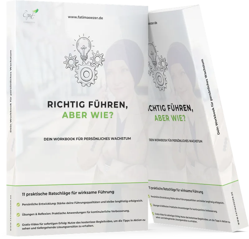 Mockup des Workbooks 'Richtig führen, aber wie?' mit Zahnrad- und Glühbirnen-Grafiken