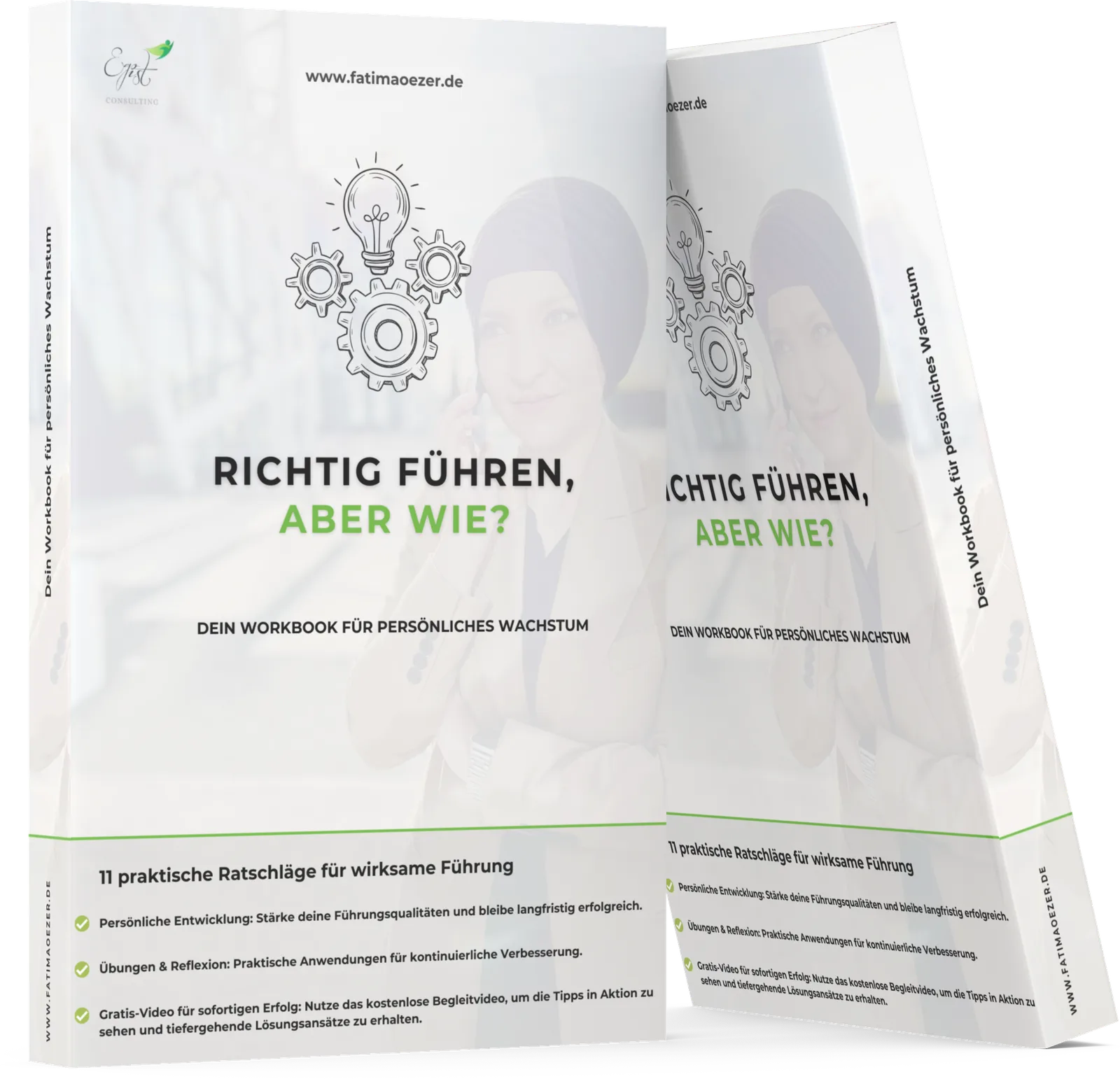 Mockup des Workbooks 'Richtig führen, aber wie?' mit Zahnrad- und Glühbirnen-Illustrationen