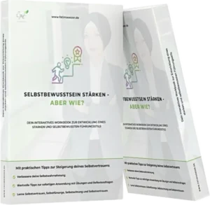 Mockup des Workbooks 'Selbstbewusstsein stärken – aber wie?' mit Zielschritte-Illustration