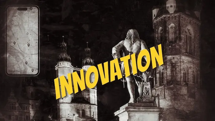 Komposition aus Smartphone-Karte, Statue und Kirche mit gelbem Text INNOVATION überlagert