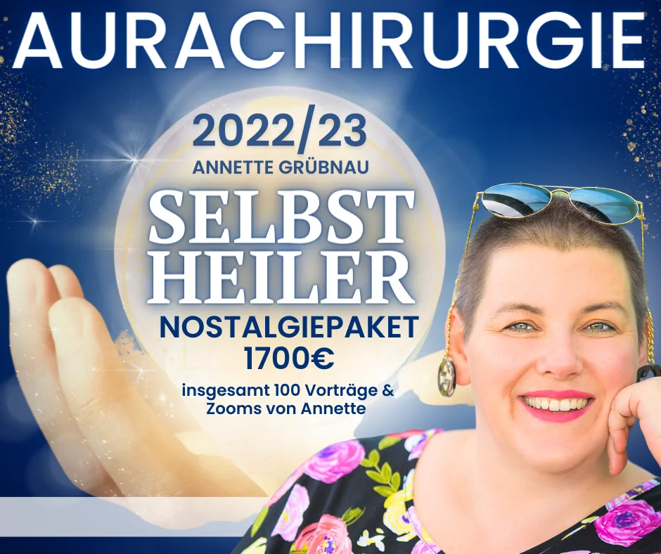 Produktabbildung Selbstheiler Nostalgiepaket II mit Annette Grübnau, blaues Design mit Händen und Aura