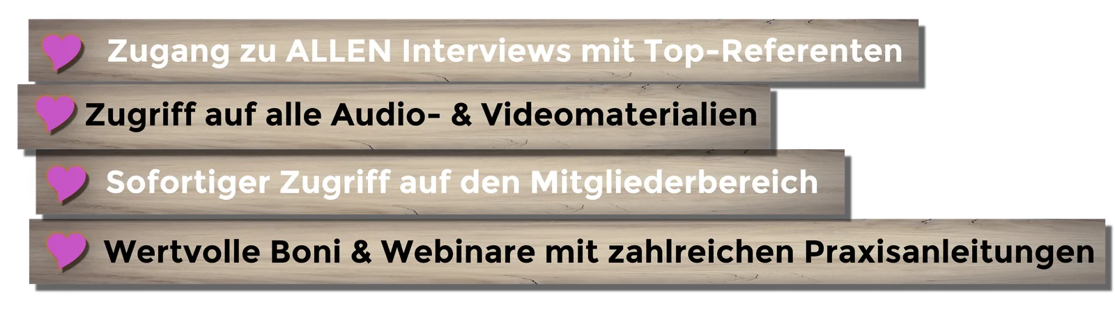 Banner mit vier Bulletpoints und Herz-Symbolen zu Kursvorteilen: Interviews, Audio- und Videomaterialien, Mitgliederbereich,