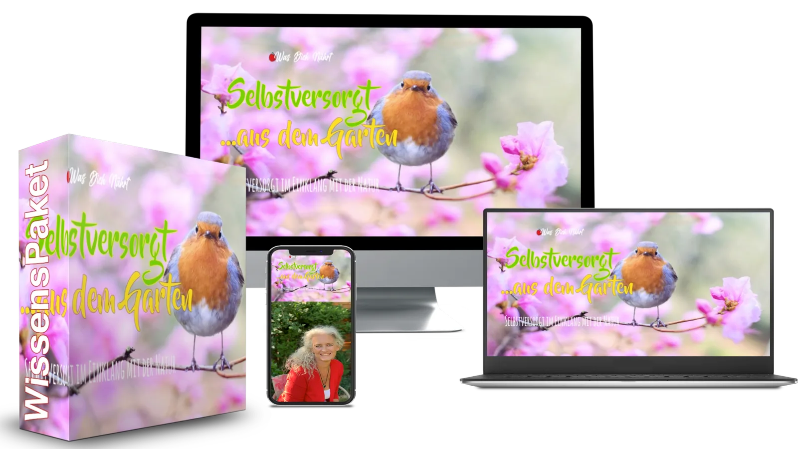 Produktmockup "Selbstversorgt aus dem Garten" mit Rotkehlchen auf Blüte, gezeigt auf Monitor, Tablet, Smartphone und Produktb