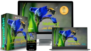 Produktmockup "Selbstversorgt aus dem Garten" mit Biene auf blauer Blüte, gezeigt auf Monitor, Tablet, Smartphone und Produkt