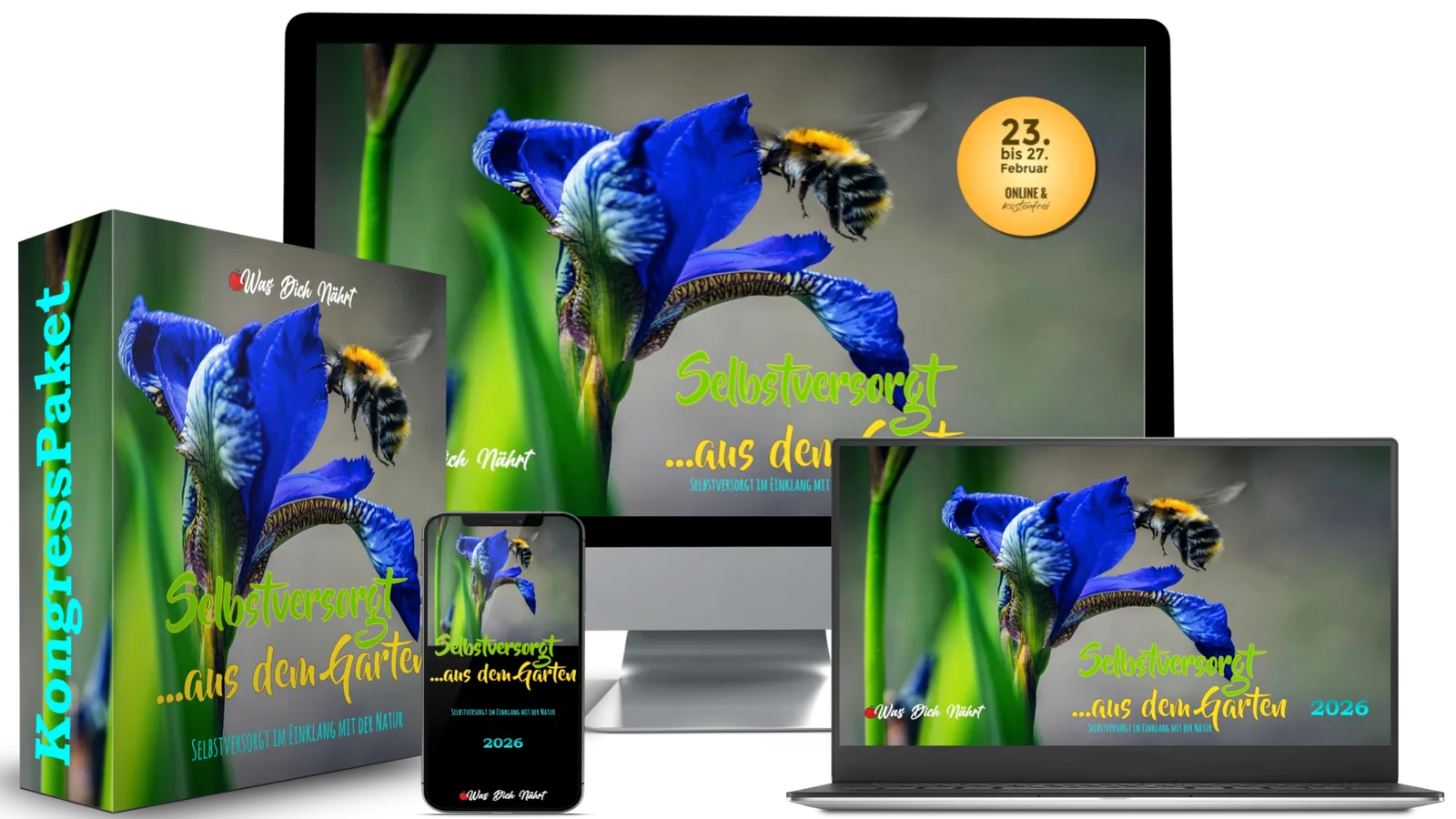 Produktmockup "Selbstversorgt aus dem Garten" mit Biene auf blauer Blüte, gezeigt auf Monitor, Tablet, Smartphone und Produkt