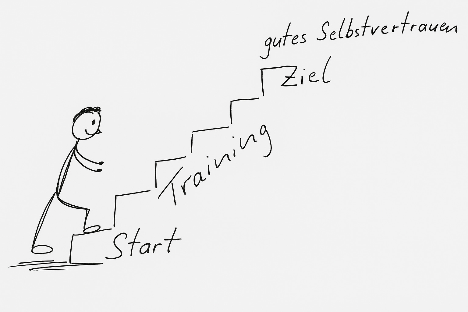 Illustration Strichmännchen klettert Treppe mit Beschriftung Start, Training, Ziel, gutes Selbstvertrauen