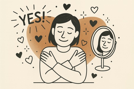 Illustration einer Frau mit verschränkten Armen, die sich selbst umarmt, mit Spiegelbild und Herzen, zum Thema Selbstwert und