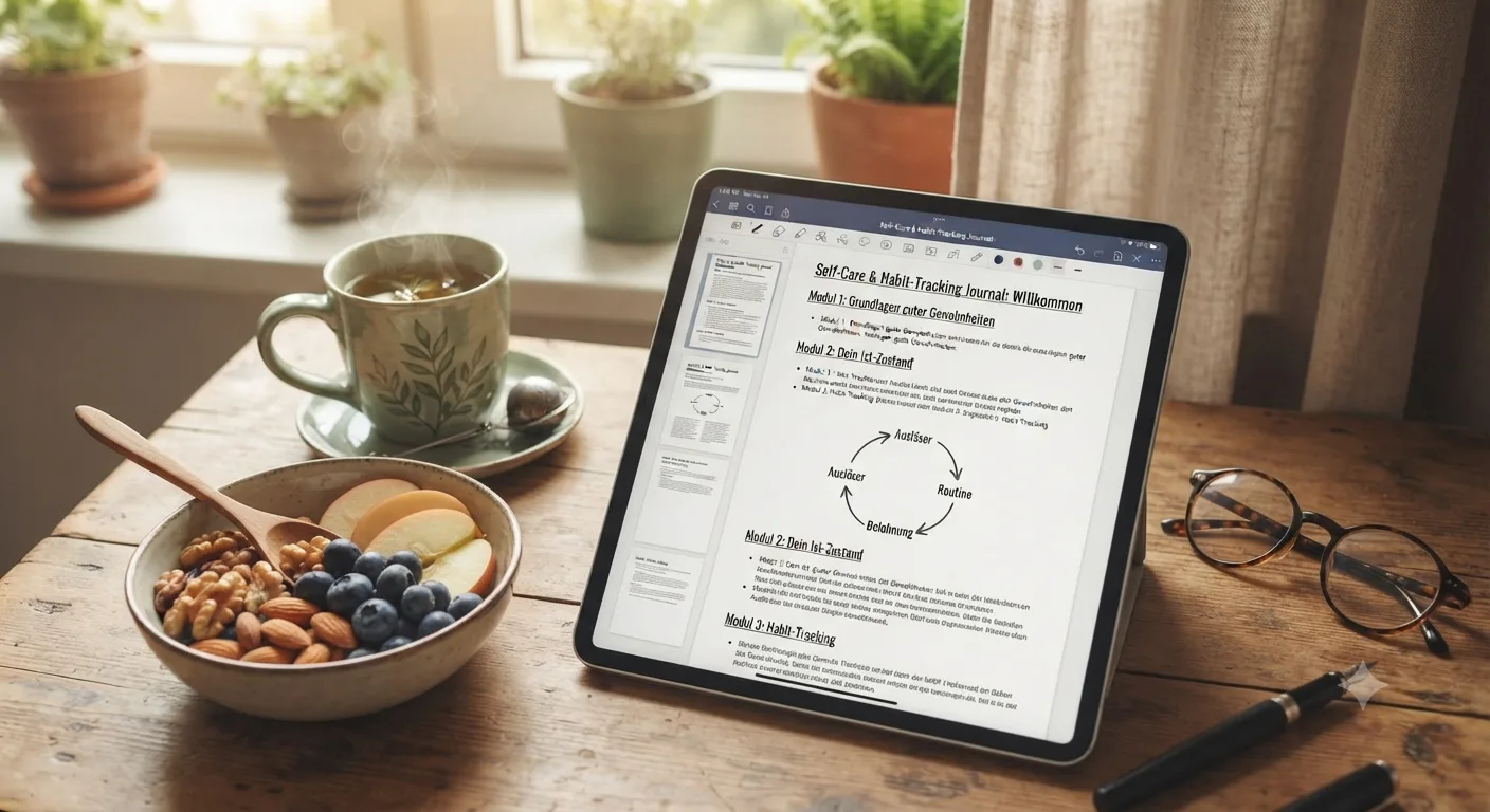 Self-Care & Habit-Tracking Journal 6 Tablet-Screen zeigt Self-Care & Habit-Tracking Journal mit Habit Loop-Diagramm, daneben Frühstücksschale und Teetasse