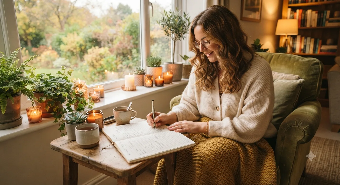 Self-Care & Habit-Tracking Journal 8 Frau in cremefarbenem Cardigan sitzt auf grünem Sessel am Fenster mit brennenden Kerzen und schreibt in Notizbuch