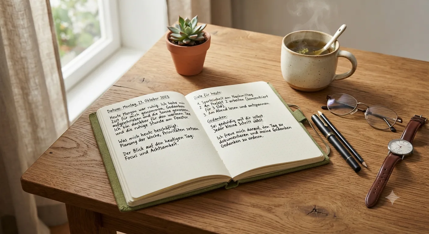 Self-Care & Habit-Tracking Journal 9 Aufgeschlagenes Notizbuch mit handgeschriebenem Text auf Holztisch mit Tasse, Sukkulente und Accessoires