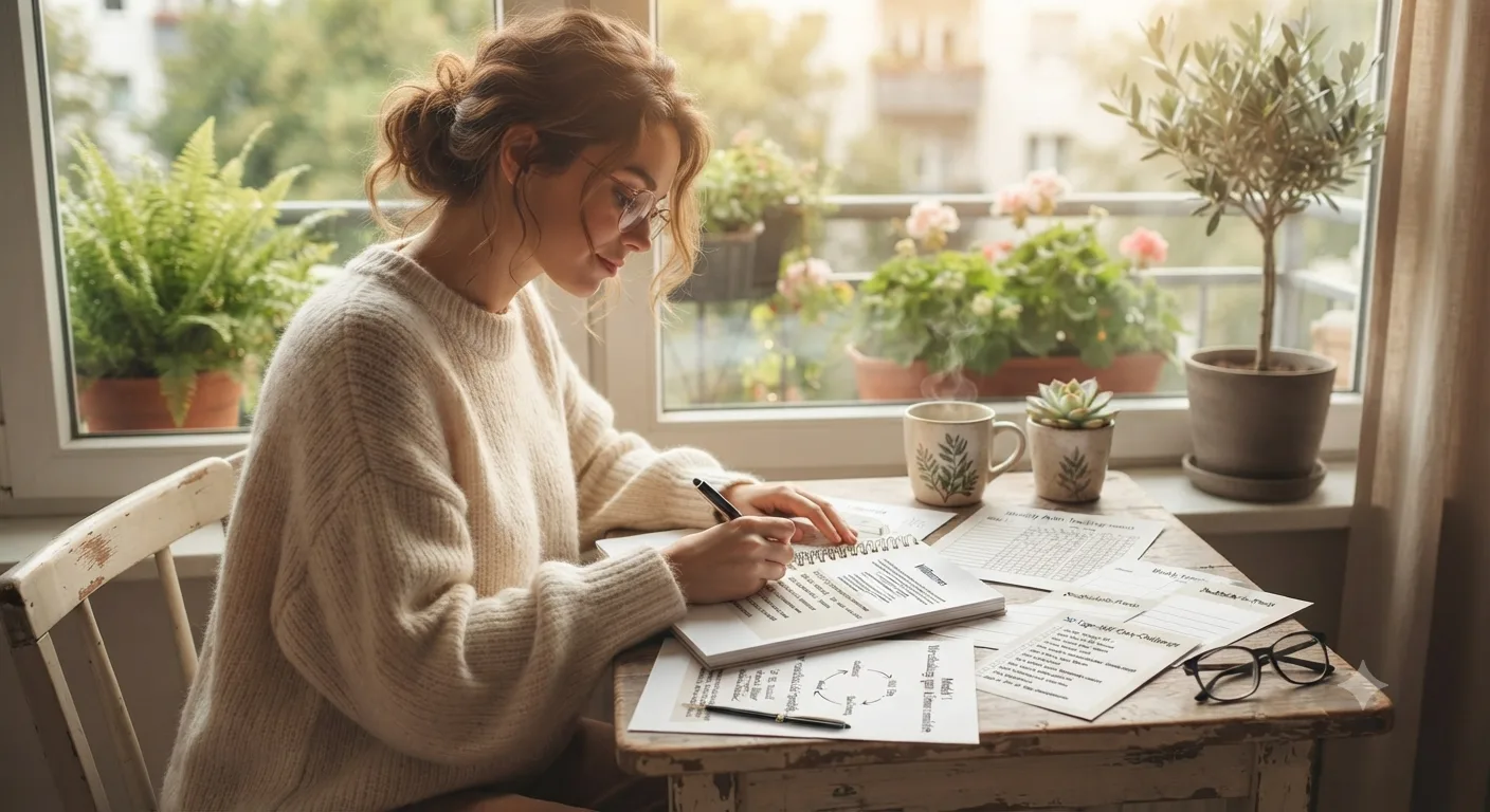 Self-Care & Habit-Tracking Journal 2 Frau in cremefarbenem Pullover sitzt am Schreibtisch am Fenster und schreibt in Notizbuch, umgeben von Pflanzen und Dokumente