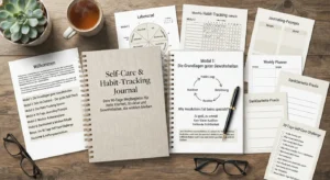 Self-Care & Habit-Tracking Journal Materialien auf Holztisch: Spiralbuch, ausgedruckte Module, Tracking-Vorlagen, Journaling-