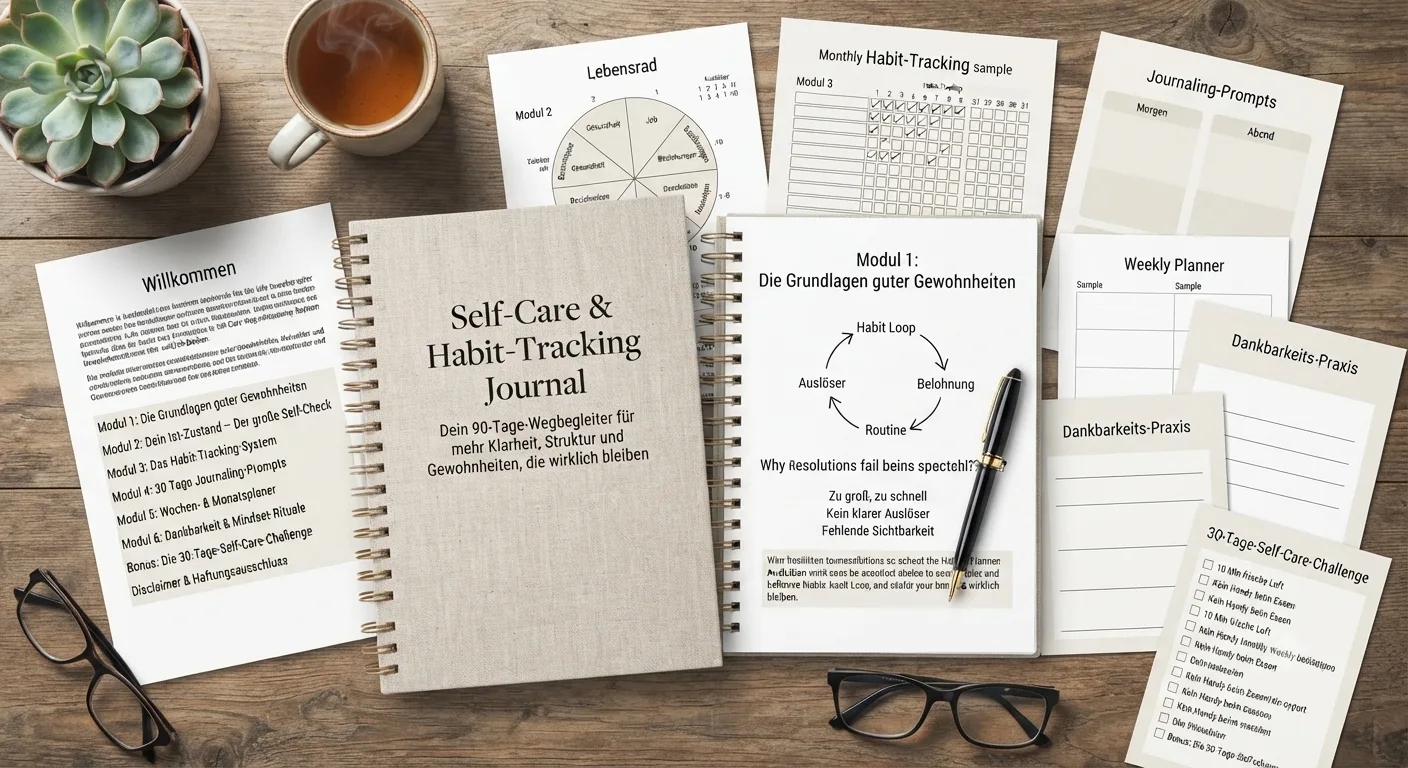 Self-Care & Habit-Tracking Journal 1 Self-Care & Habit-Tracking Journal Materialien auf Holztisch: Spiralbuch, ausgedruckte Module, Tracking-Vorlagen, Journaling-