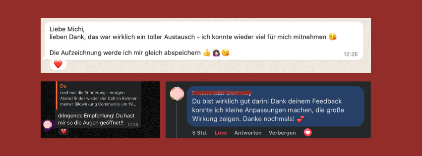 Screenshots von Kundenstimmen und Testimonials zu Selfie Magic auf rotem Hintergrund