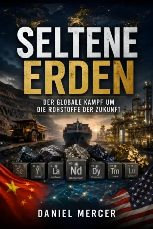 Buch-Cover Seltene Erden von Daniel Mercer mit Weltkarte, Bergbau und Flaggen