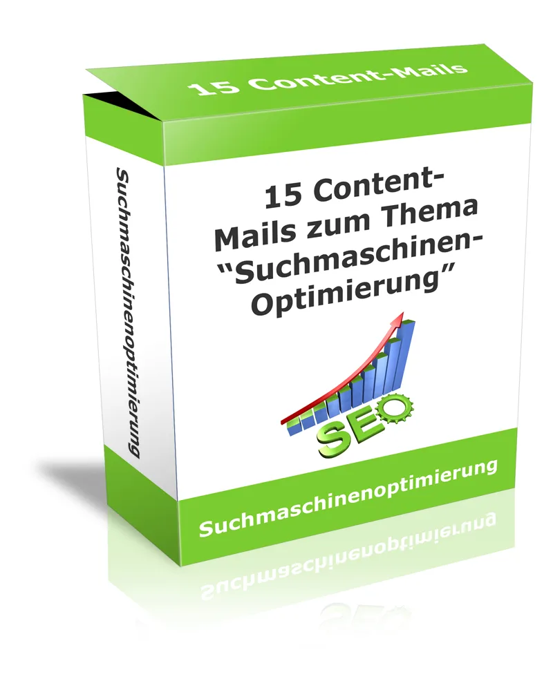 Produktbox mit grünem Deckel, Balkendiagramm und SEO-Symbol, 15 Content-Mails