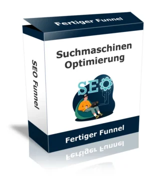 Produktbox SEO Funnel mit dunkelblauem Deckel, Person am Laptop und SEO-Zahnrad-Symbol