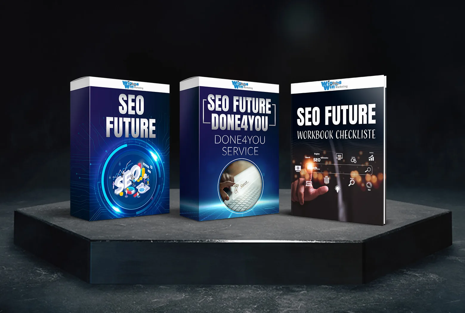 Mockup dreier Produktboxen auf schwarzem Podest: SEO Future, SEO Future Done4You Service, SEO Future Workbook Checkliste
