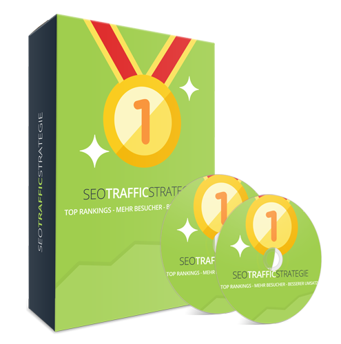 SEO Traffic Strategie – Videokurs zu SEO 4 Produktabbildung der SEO Traffic Strategie mit Medien-Box, DVDs und grünem Design mit Medaillen-Symbol