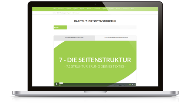 SEO Traffic Strategie – Videokurs zu SEO 3 Laptop-Mockup mit Videokurs-Lektion zu Kapitel 7 über die Seitenstruktur
