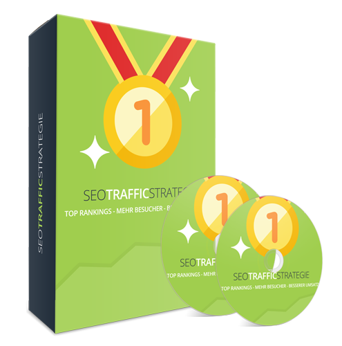 SEO Traffic Strategie – Videokurs zu SEO 1 Produktabbildung der SEO Traffic Strategie mit grüner Box, DVDs und Medaillen-Symbol