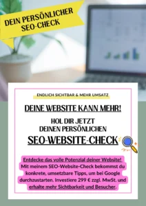 SEO-Website-Check Angebot mit gelbem Banner und Pink Box – Dein persönlicher SEO-Check für Google-Sichtbarkeit