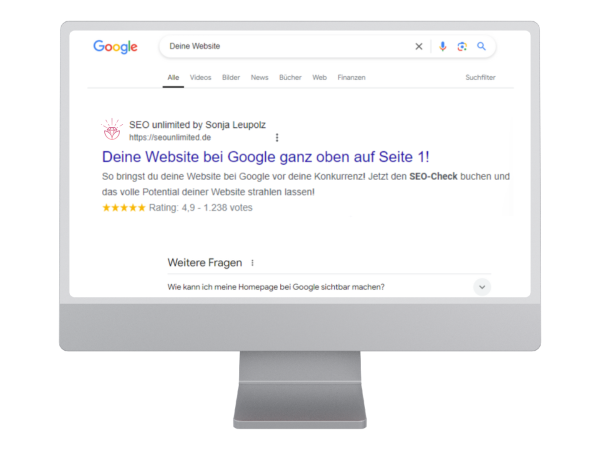 SEO Website-Check – SEO-Analyse mit Videocall von Sonja Leupolz 5 Google-Suchergebnis Mockup auf Monitor – SEO unlimited by Sonja Leupolz mit 5-Stern-Bewertung