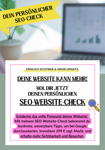 SEO Website-Check – SEO-Analyse mit Videocall von Sonja Leupolz 7 SEO-Website-Check Produktmockup auf Laptop-Hintergrund mit gelbem Banner und Pink Box