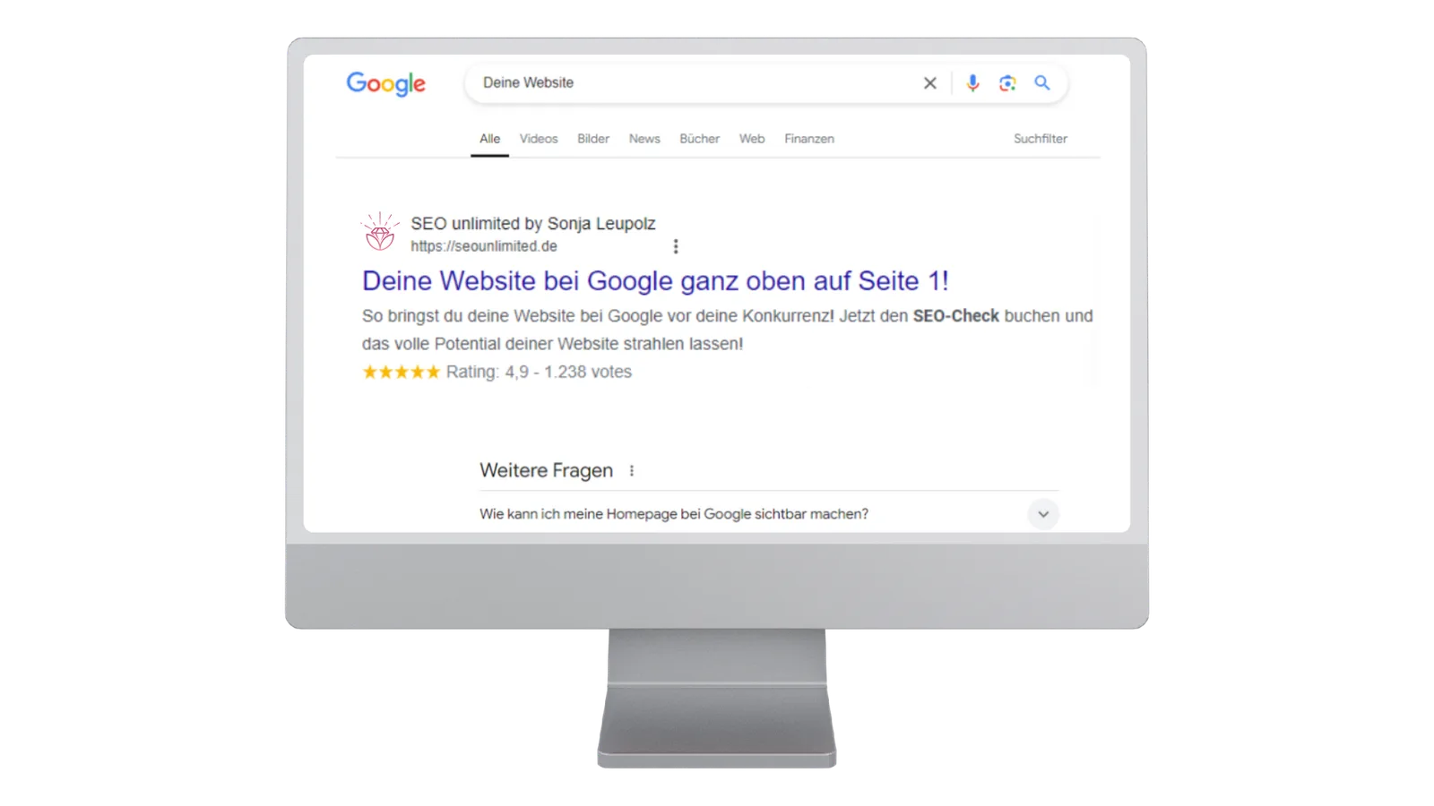 SEO Website-Check – SEO-Analyse mit Videocall von Sonja Leupolz 3 Google-Suchergebnis Mockup – SEO unlimited by Sonja Leupolz mit 5-Stern-Bewertung und SEO-Check Angebot