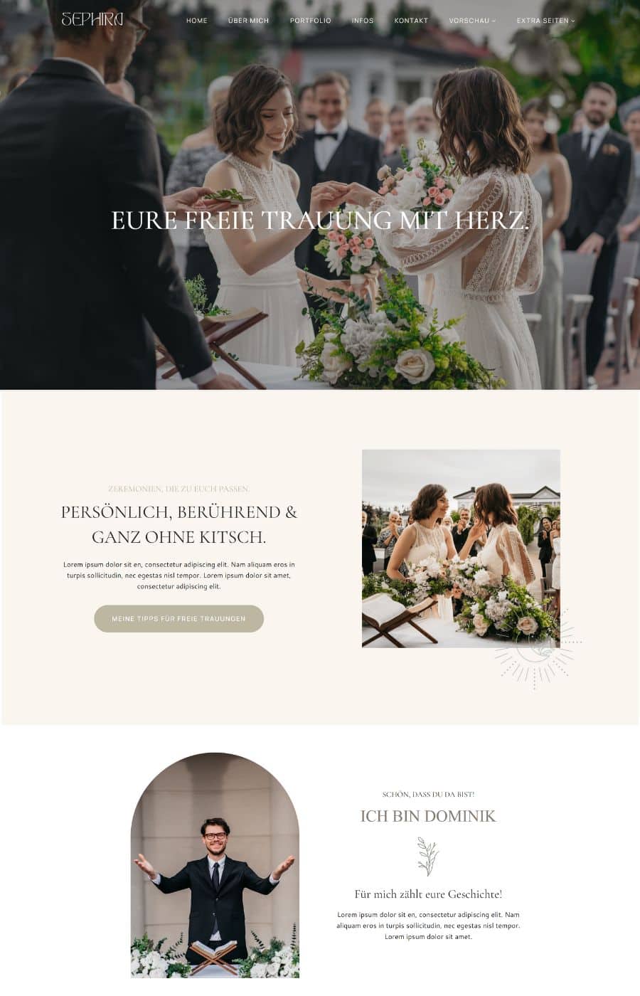 Sephira WordPress Theme – Website-Vorlage für Fotografen 7 Sephira Theme Trauredner-Seite mit Hero-Bild von Hochzeitszeremonie und Text 'EURE FREIE TRAUUNG MIT HERZ'